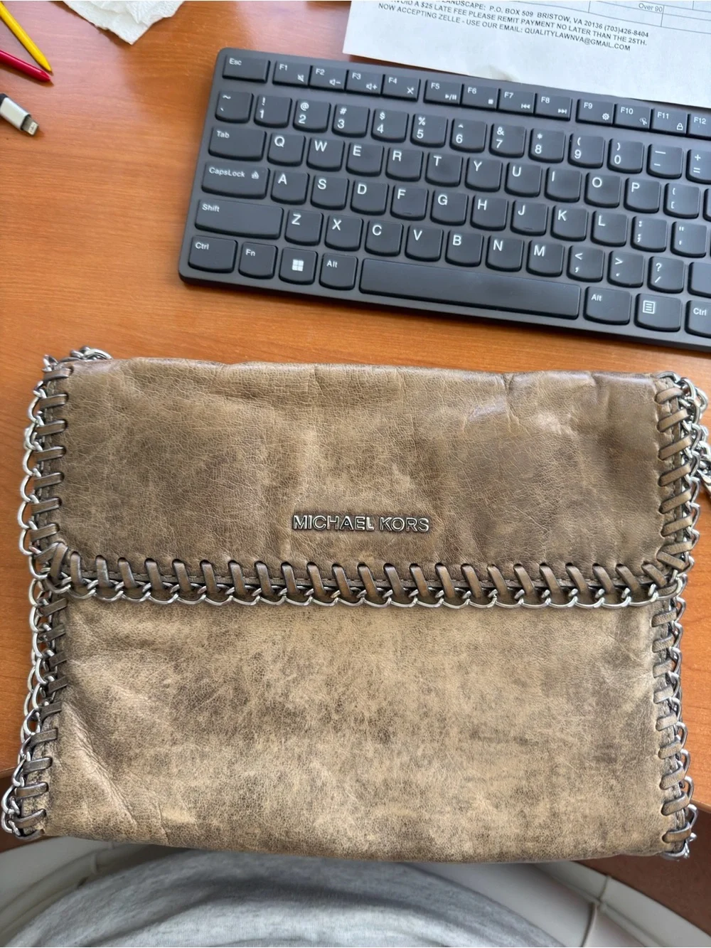 Michael Kors Distressed Leather Purse with Chain Trim